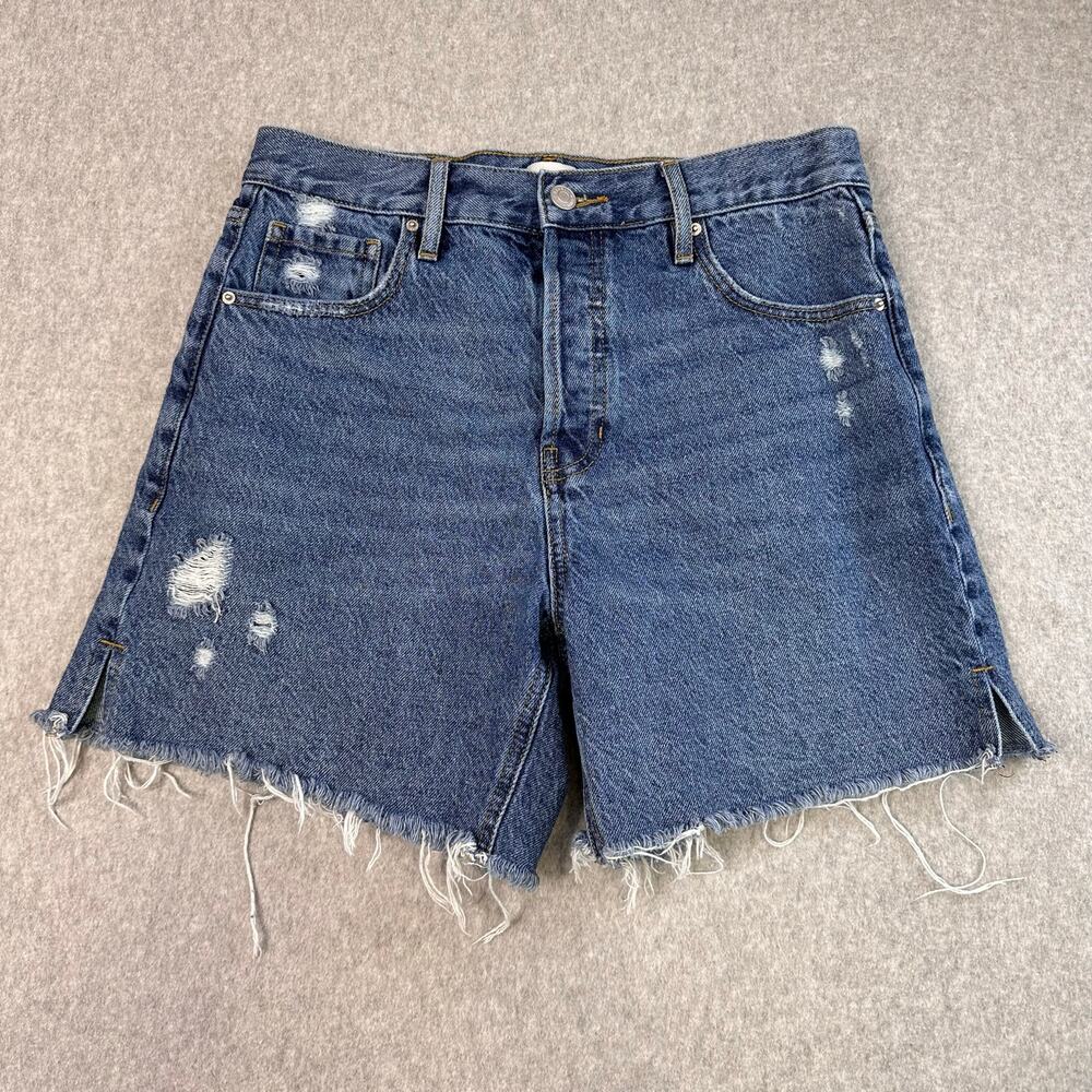 Pac-Sun Jean Shorts High Rise Relaxed WMN 26 Med Wash Distressed Raw Hem Denim